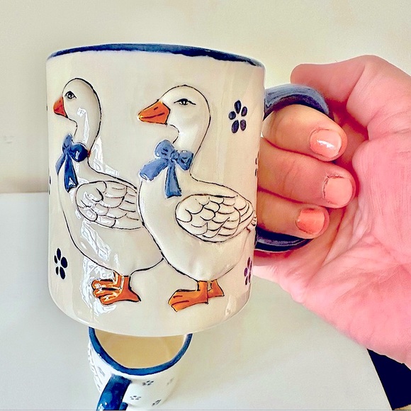 Lot De 2 Mugs Cœur - Motifs Oies Et Cœurs - Faïence Vintage